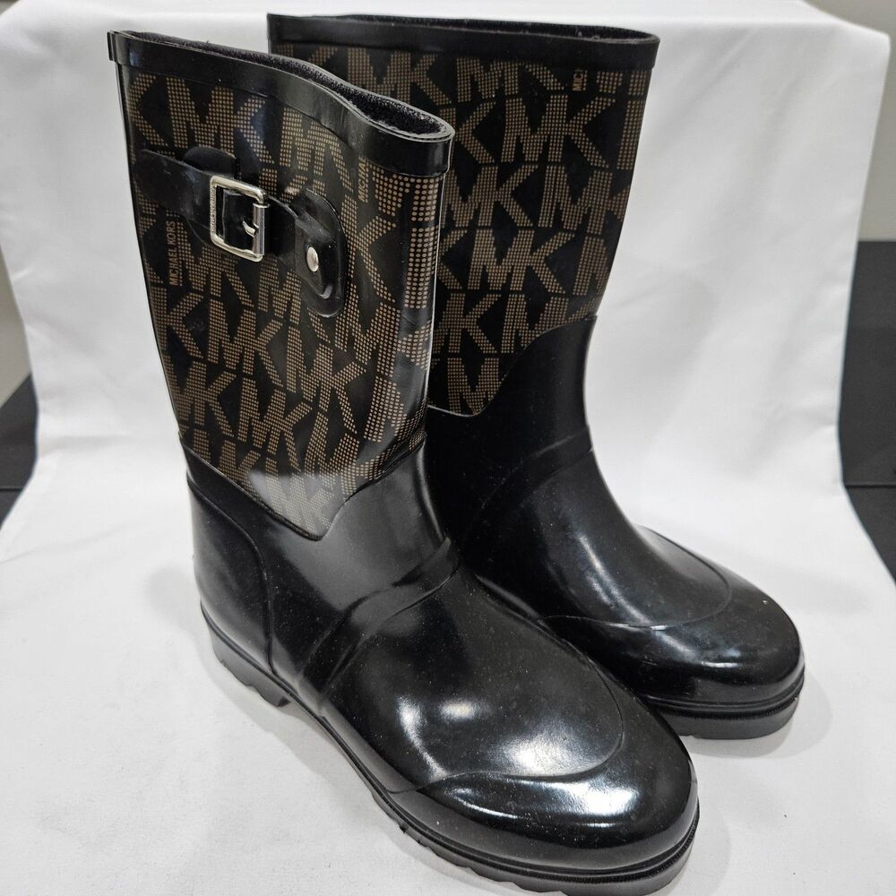 Michael Kors Gold Logo Tall Rain Boots Wellies Black Brown 10 Buckle  Casual